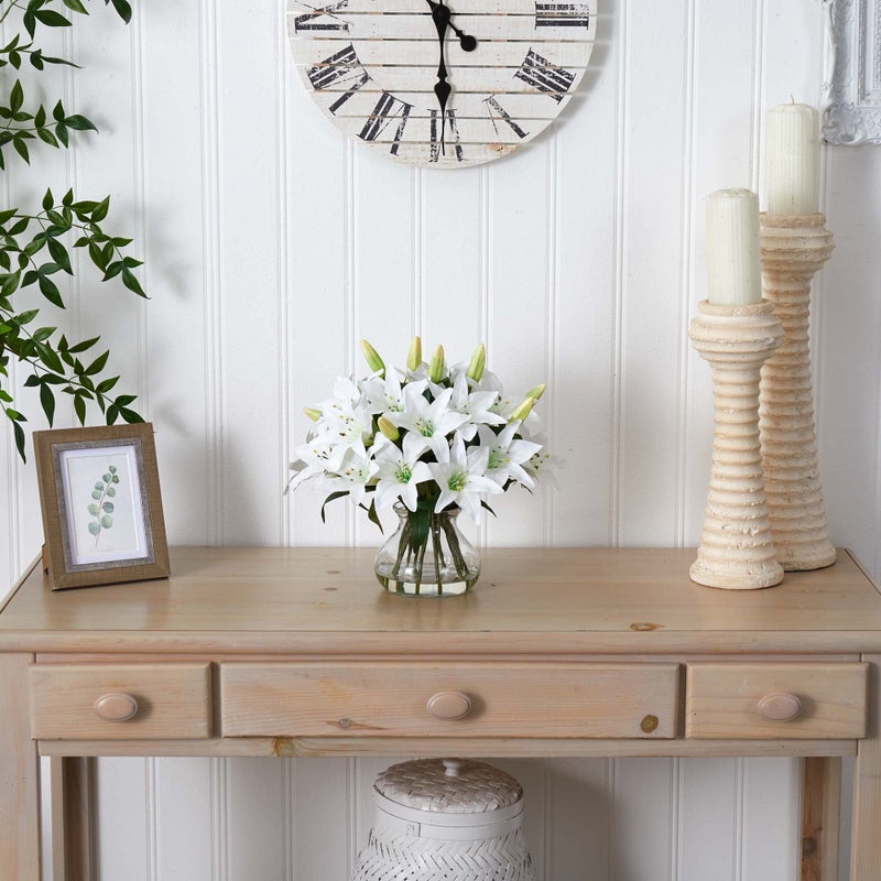 Nearly Natural Lily Silk Arrangement with Glass Vase - Image 2